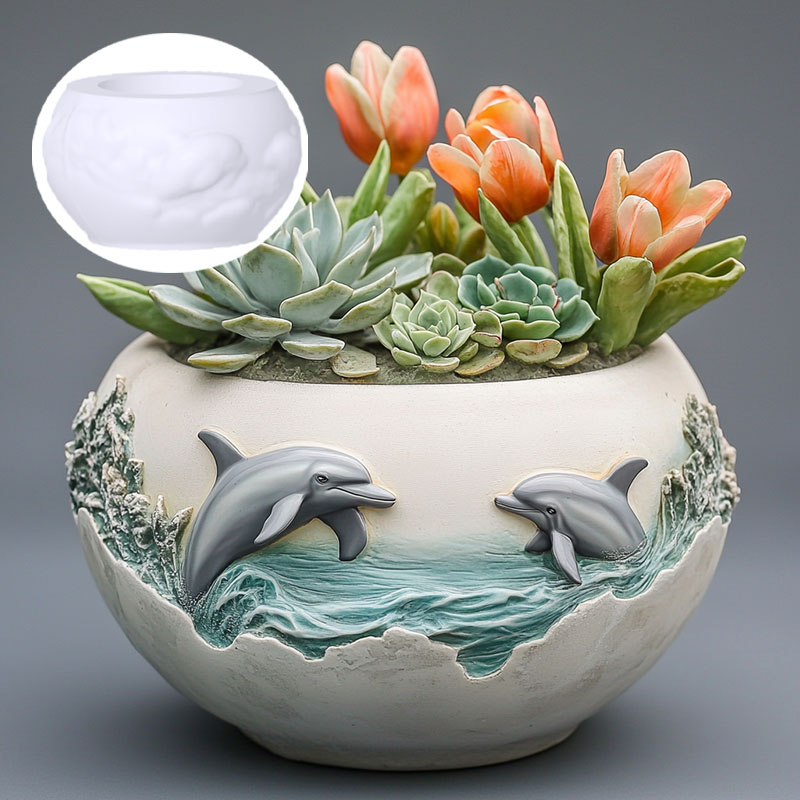 Resin Ocean Wave Mold - زوجين دولفين الإغاثة نبات عصاري زهور